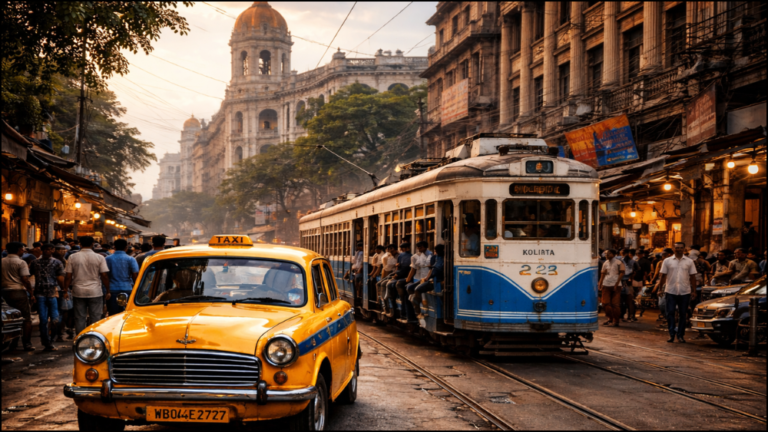 Yellow taxi and blue tram on a busy Kolkata street during warm afternoon light.